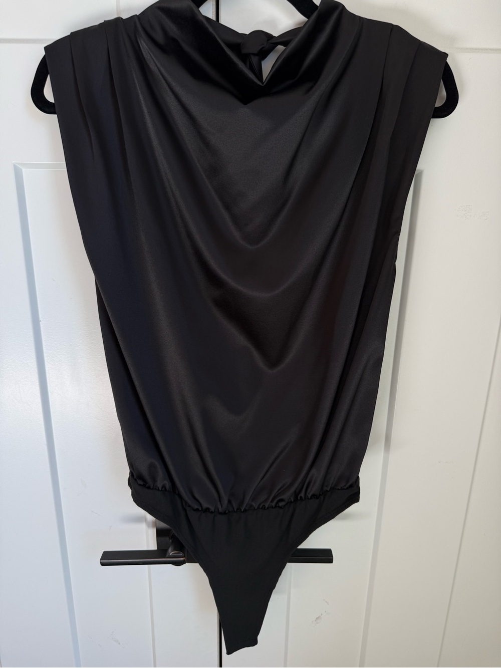NWOT Ro&De Sleek Satin Black Draped Bodysuit size S.